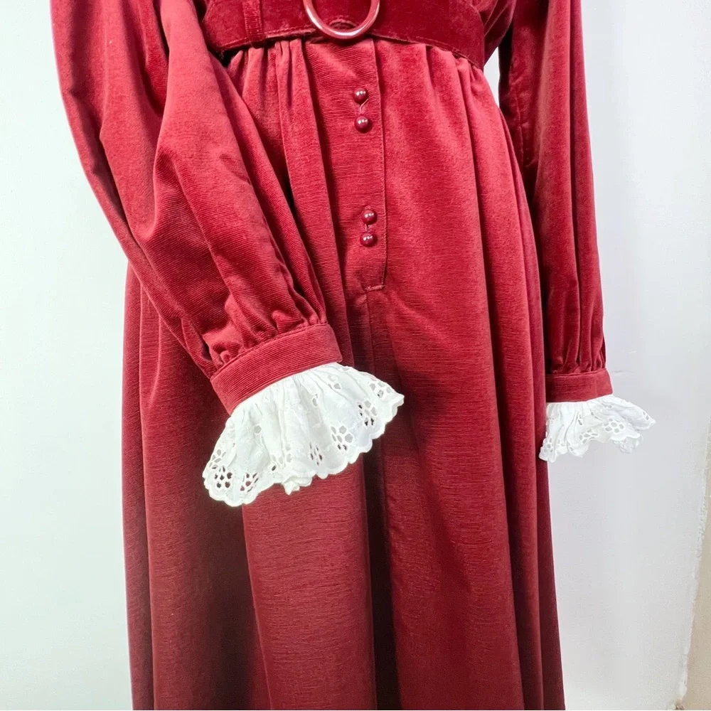 Vintage 70s/80s Jaeger Rust Red Cord Button Down Dress Lace Collar & Cuffs UK 10 - Picture 3 of 9